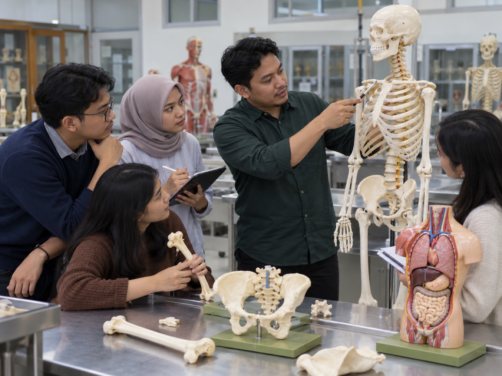 Mentor menguji empat mahasiswa dalam latihan identifikasi anatomi