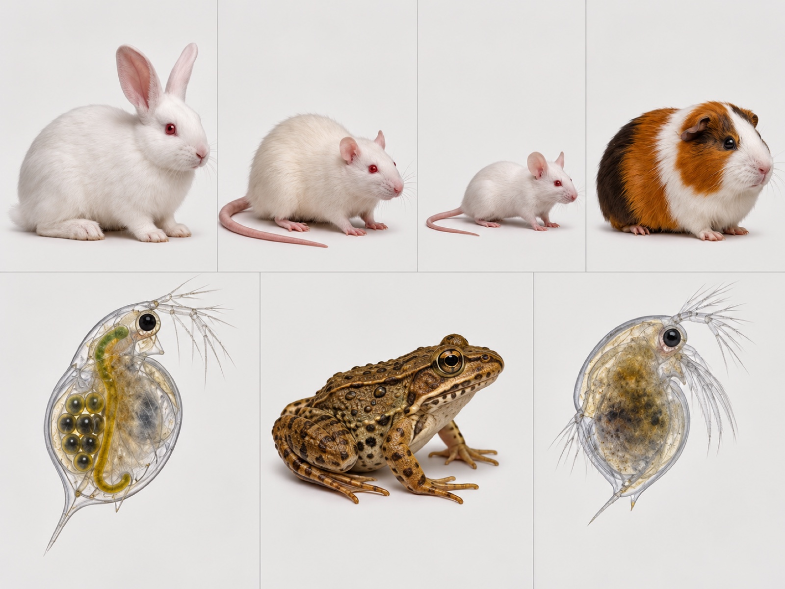 Kelinci, tikus putih, mencit, marmut, Daphnia, katak, dan Moina untuk kebutuhan praktikum