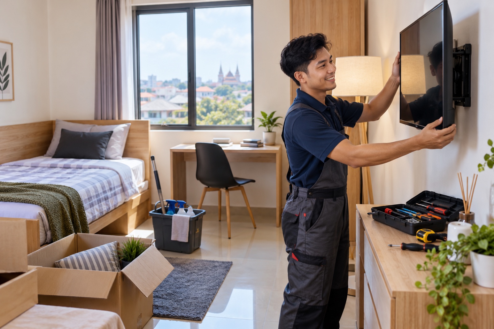 Petugas laki-laki membantu memasang TV dan menata kamar kost