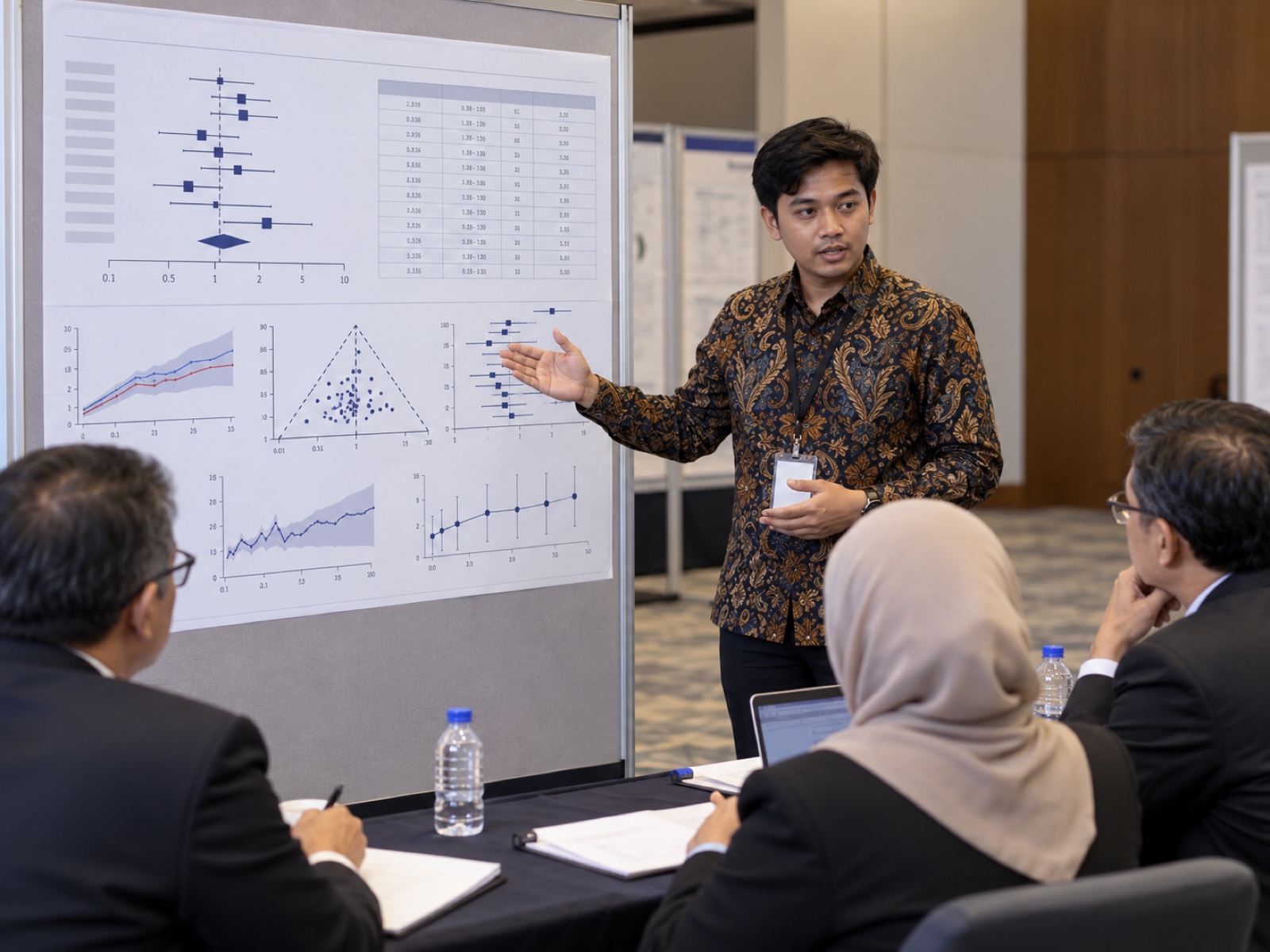 Mahasiswa mempresentasikan poster meta analisis berisi angka dan grafik di depan juri