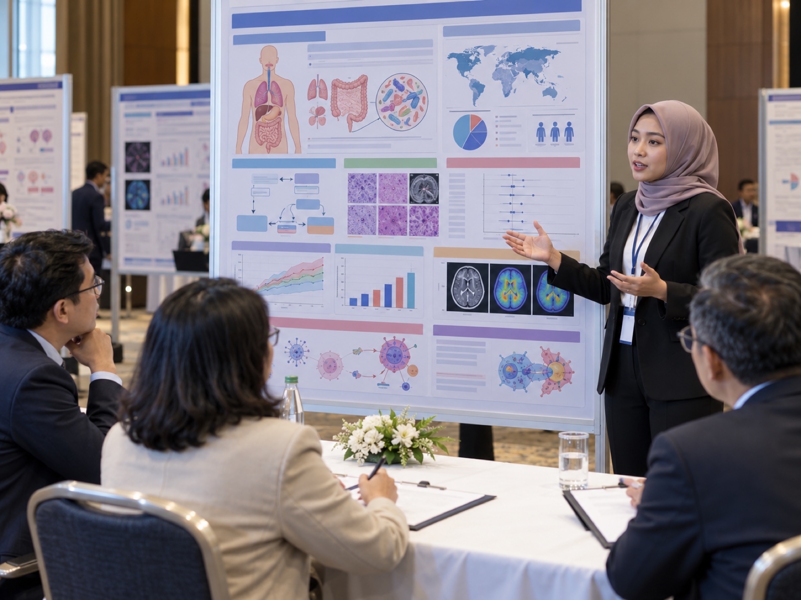 Mahasiswa mempresentasikan poster systematic review bergambar di depan juri